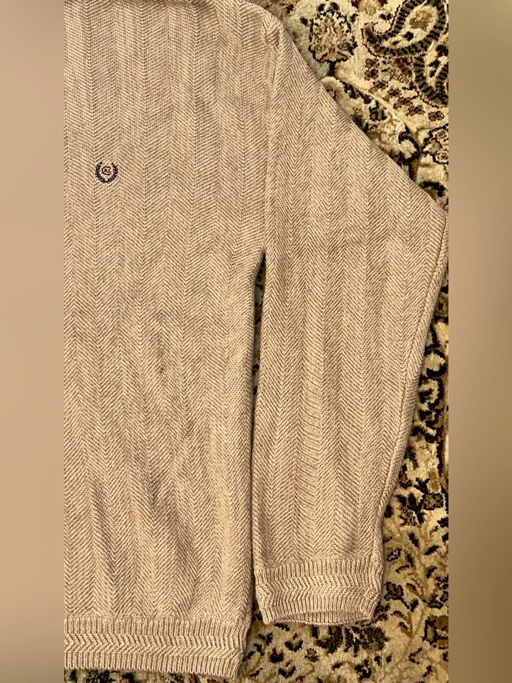 VTG 90 Chaps Ralph Lauren beige Herringbone Knit Sweater Men Crest Hand Frame